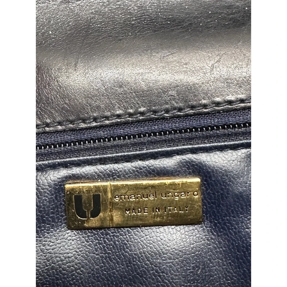 Vintage Emanuel‎ Ungaro Black Leather Chain Shoulder Bag Gold Logo Italy